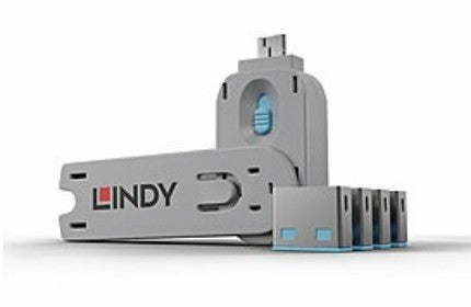 LINDY 40452 USB Type A Port Blocker Key | Pack of 4 Blue USB Port Locks