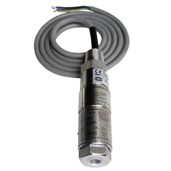 Pressostat miniature Wika PXS4ME, plage de pression de 1,6 à 6 bar, filetage interne femelle 1/4" NPT - filetage externe mâle 1/2"-14 NPT, câble de 5 m