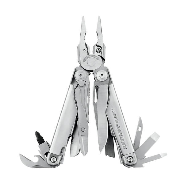 Outil multifonction Leatherman Surge robuste en acier inoxydable 420HC, finition oxyde noir, 2 lames, étui noir MOLLE - Boîte